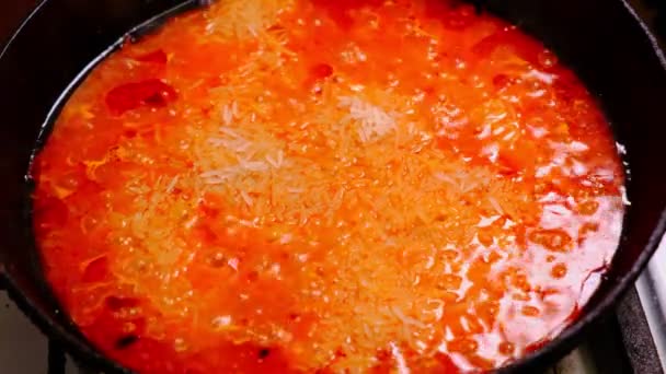Приготування Рису Jollof Рис Томатною Пастою Помідорами Спеціями Готують Сковороді — стокове відео