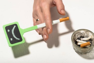 Sigara içmenin zararları. Mutsuz bir gülümseme ve bir kadının elinde sigara. Sigara içmek sağlıksız ve kötü bir alışkanlıktır. sigara yüzünden depresyon.