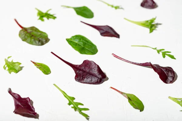 Mistura Saladas Diferentes Contexto Branco Folhas Arugula Acelga Vermelha Espinafre — Fotografia de Stock