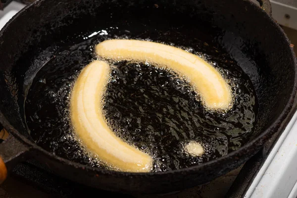 Bananes Frites Dans Une Poêle Bananes Crues Cuites Huile — Photo