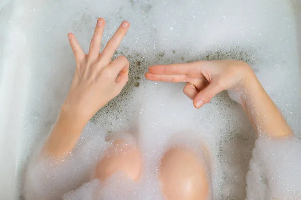 Masturbation Sex Bath Concept Female Hands Bath Foam Depict Erotic — Stock Photo, Image