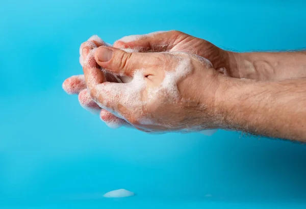 Global Handwashing Day Washing Men Hands Soap Foam Blue Background — Stock Photo, Image