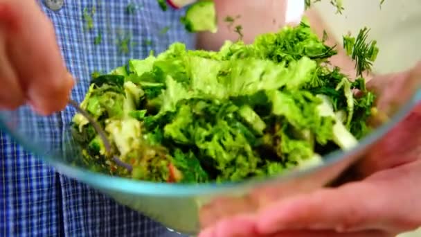 Mischen Von Gemüsesalat Aus Verschiedenen Gemüsesorten Vegetarisches Essen — Stockvideo