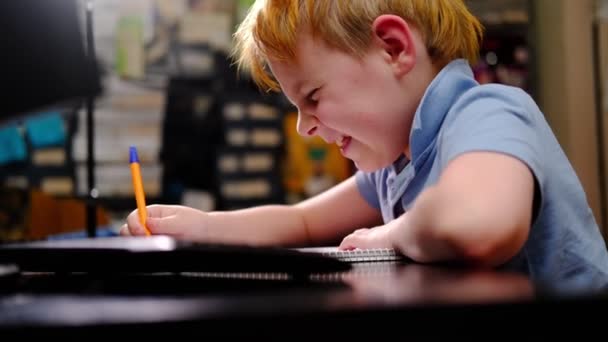 Een Jonge Jongen Studeert Thuis Hard Aan Tafel Hij Schrijft — Stockvideo