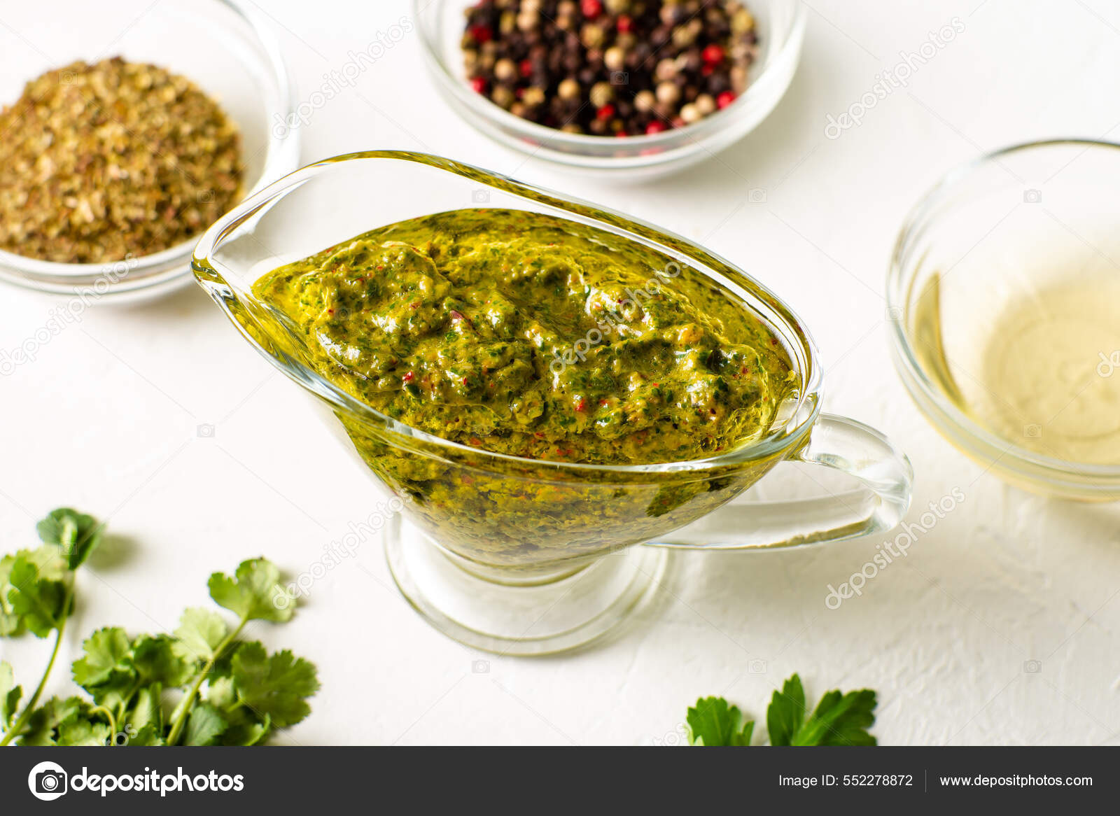 Chimichurri Sauce Gravy Bowl White Background Various Spices Lie Nearby