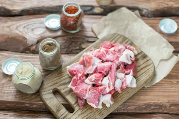 Fresh Raw Pork Sliced Wooden Background — Stock Photo, Image