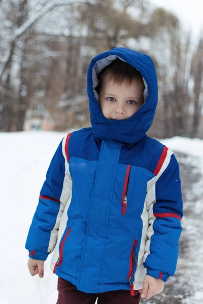 Little Boy Blue Winter Jacket Street Snow — Stock Photo, Image