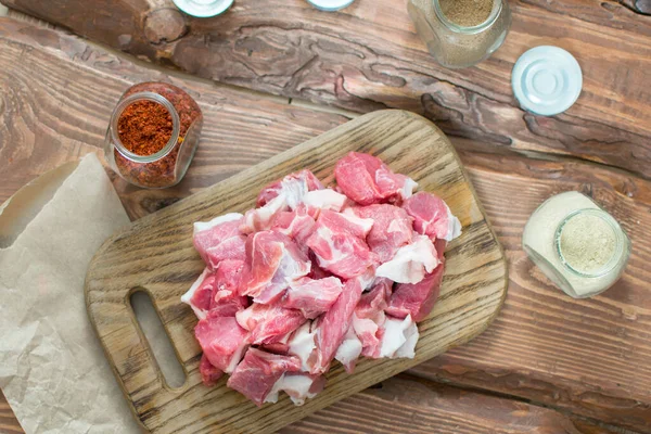 Fresh Raw Pork Sliced Wooden Background — Stock Photo, Image