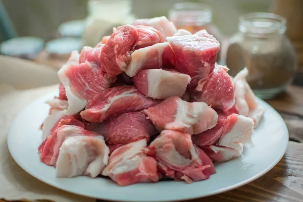 Fresh Raw Pork Sliced Wooden Background — Stock Photo, Image