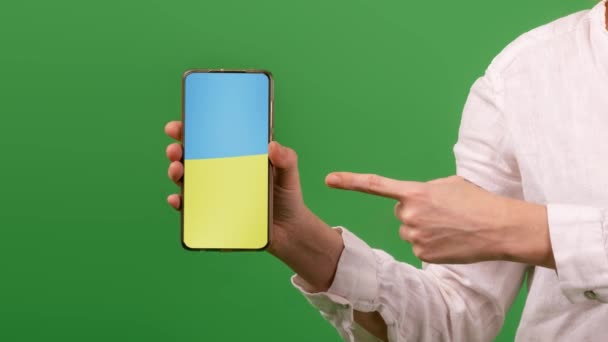 Help Ukraine Phone Concept Woman Holds Phone Flag Ukraine Points — Stock Video
