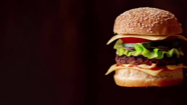 Row Fresh Tasty Burgers Held Dark Background Hamburger Day Production — Stock Video