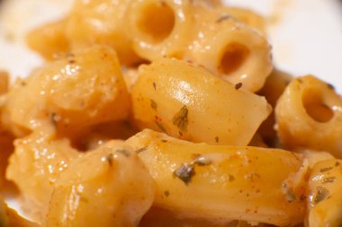 Baharatlı ve soslu spagetti. İtalyan makarnası. Gıda arkaplanı.