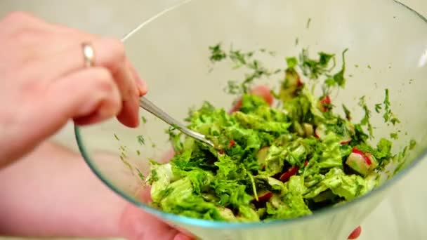 一个男人的手在一个碗里用不同的配料准备蔬菜沙拉 饮食概念 — 图库视频影像