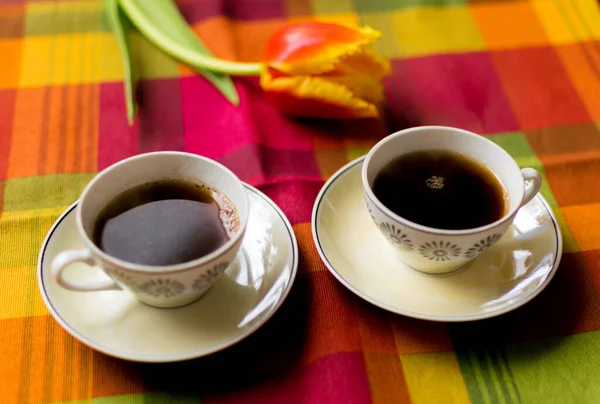 Две Маленькие Чашки Кофе Тарелках Столе Тюльпанами Встреча Двух Ветеранов — стоковое фото