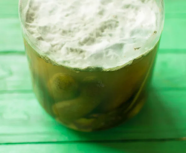 Spoiled Canned Cucumbers Glass Jar — Stock Photo, Image