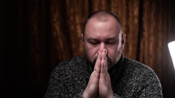 Middle Aged Man Folded His Hands Prayer Prays Conversation God — Stockvideo