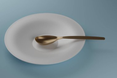 Açık mavi arka planda altın kaşığı olan boş bir tabak. Görüntü.