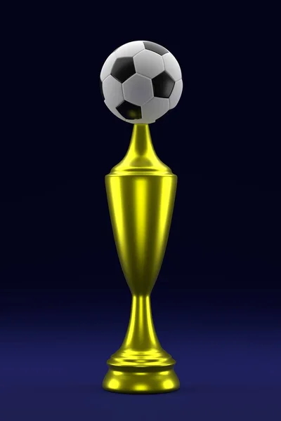Copo Ouro Com Uma Bola Futebol Fundo Azul Campeonato Futebol — Fotografia de Stock