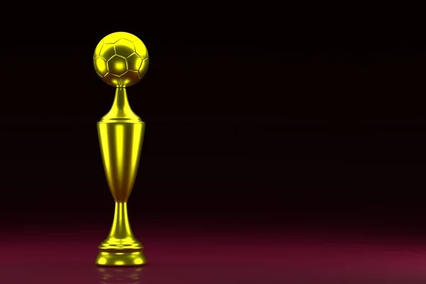 濃い赤色の背景に金色のサッカーボールを持つ黄金のカップ サッカー選手権 参加カップ 勝者のコンセプト テキストの場所 — ストック写真