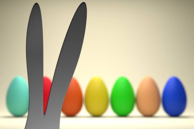 Paskalya konsepti. Çok renkli yumurtaların arka planında Paskalya Tavşanı kulakları. 3B görüntüleme.