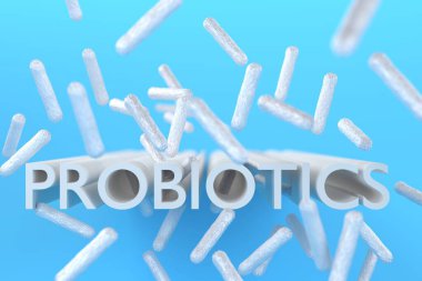 Probiyotik konsept. Mavi arka planda canlı yararlı mikroorganizmalar makro illüstrasyon ve yazıt probiyotikleri. 3B görüntüleme.