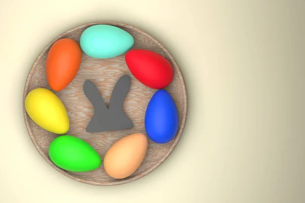 Многоцветные Яйца Круглой Тарелке Пасхальными Кроличьими Ушами Пасхальная Концепция Желтый — стоковое фото