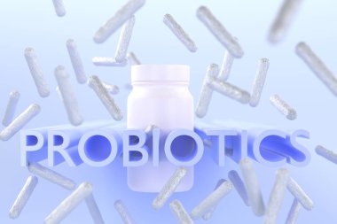 Probiyotik konsepti. Probiyotik yazıtlar ve uçan yararlı bakterilerle dolu beyaz bir kavanoz. 3 Boyutlu Hazırlama