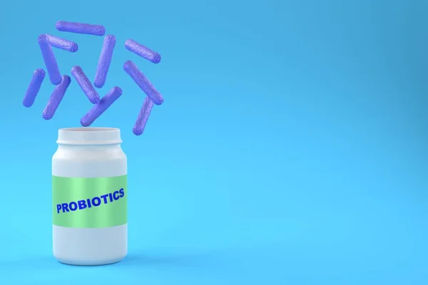 プロバイオティクスの概念 ヒトに役立つ微生物叢 青の背景にプロバイオティクスと有益な細菌の碑文を持つ瓶 3Dレンダリング — ストック写真