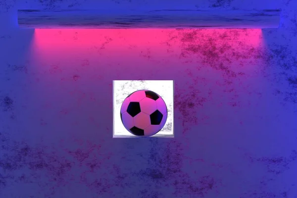 青と赤の光で照らされたコンクリート壁にサッカーボール サッカー選手権優勝のコンセプト 3Dレンダリング — ストック写真