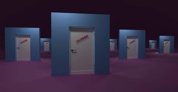Many closed doors with a sign. Hopelessness, lost opportunities, pessimism concept. 3D render.