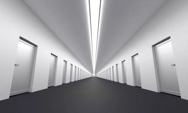 Λευκός Διάδρομος Πολλές Πόρτες Απόδοση — Φωτογραφία Αρχείου