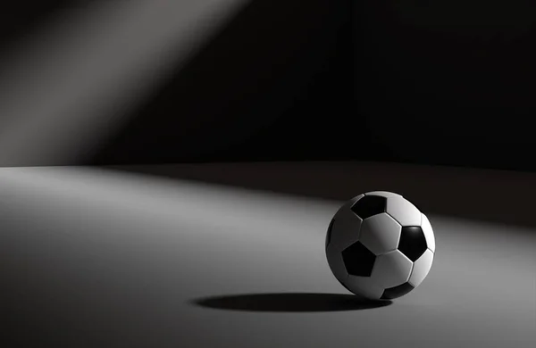 Ballon Foot Dans Une Pièce Sombre Avec Des Rayons Lumière — Photo