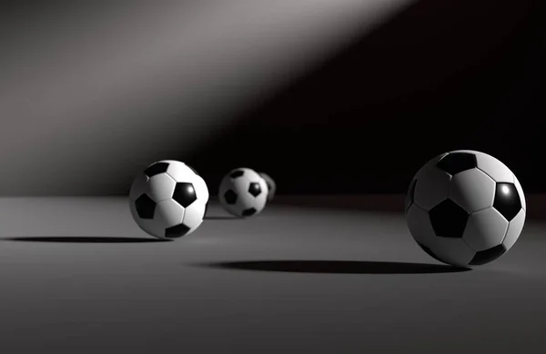 Plusieurs Balles Football Dans Une Pièce Sombre Avec Des Rayons — Photo