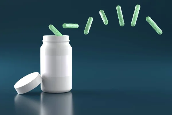 Probiyotik, beslenme takviyesi konsepti. Beyaz kavanozdan yararlı bakteriler uçar. 3 Boyutlu Hazırlama