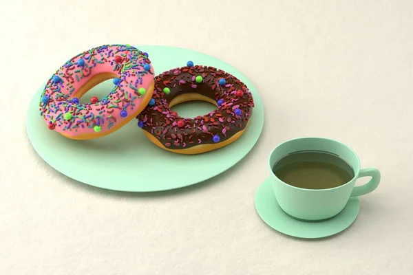 Δύο Ντόνατς Και Ένα Φλιτζάνι Τσάι Φωτεινό Φόντο Πρωινό Απόδοση — Φωτογραφία Αρχείου