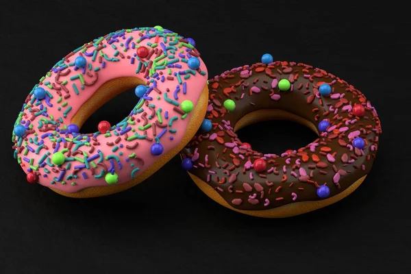 Два Пончики Глазур Зморшками Чорному Тлі Візуалізація — стокове фото