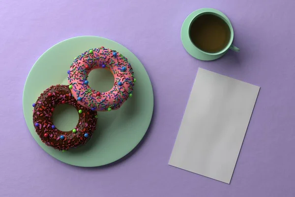 Çörek Bir Fincan Çay Mor Arka Plan Boş Bir Kağıt — Stok fotoğraf