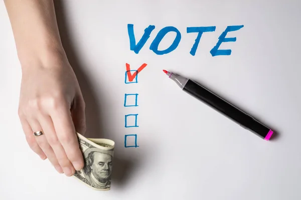 Buying Votes Voters Concept Woman Hand Holds One Hundred Dollars — Stock Photo, Image