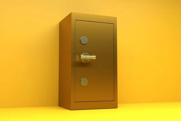 Golden Steel Safe Money Yellow Background Safety Money Valuables Concept — стоковое фото