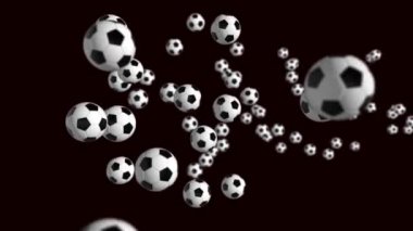 Birçok top uzayda uçar ve daire çizer. Siyah arka plan. 3B canlandırma canlandırması.