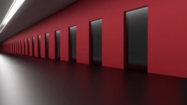 Bir sürü kapısı olan bir koridor. Kırmızı duvarlar. 3 Boyutlu Hazırlama.