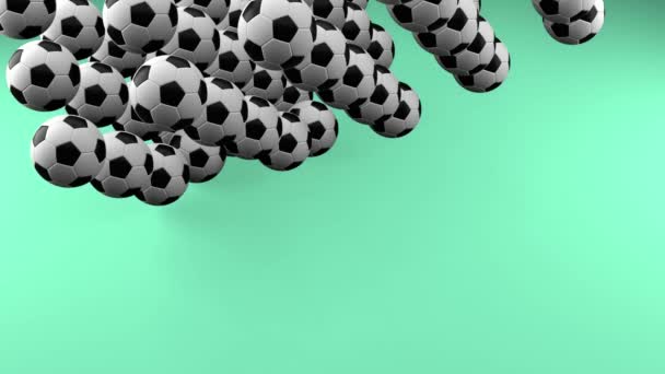 许多球落在绿色的背景上 足球背景 3D渲染动画 — 图库视频影像