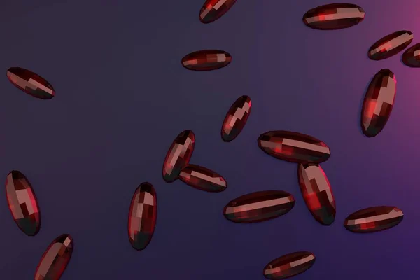 Червоні Кристали Левітації Фіолетовому Фоні Блискучі Призми Візуалізація — стокове фото