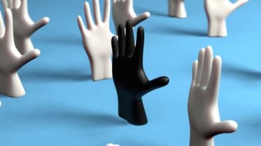 Cancel culture concept. Many white hands and one black in the center on a blue background.