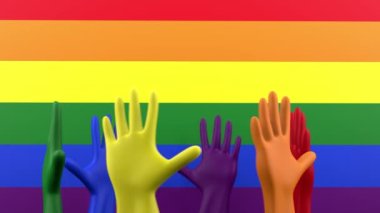 Avuç içi lgbt renklerinde, gökkuşağı bayrağının arka planında birlikte dönüyorlar. Arkadaşlık, aşk, eşitlik, LGBT kültür konsepti. 3 Boyutlu Hazırlama.