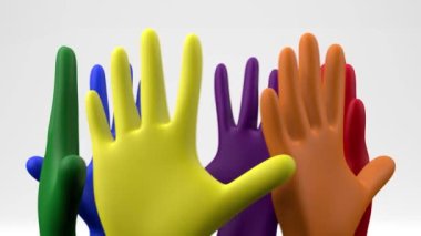 Avuç içi lgbt renklerinde, beyaz arka planda birlikte dönerler. Arkadaşlık, aşk, eşitlik, LGBT kültür konsepti. 3 Boyutlu Hazırlama.