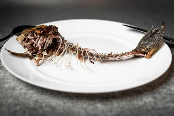 Fried Fish Skeleton Spine Bones White Plate Black Knife Fork — Stock Photo, Image