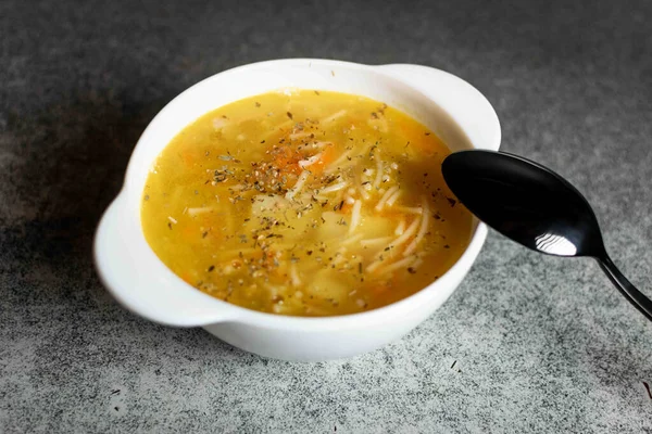 Chicken Soup Noodles Potatoes Onions Carrots White Deep Plate Gray — Stock Photo, Image