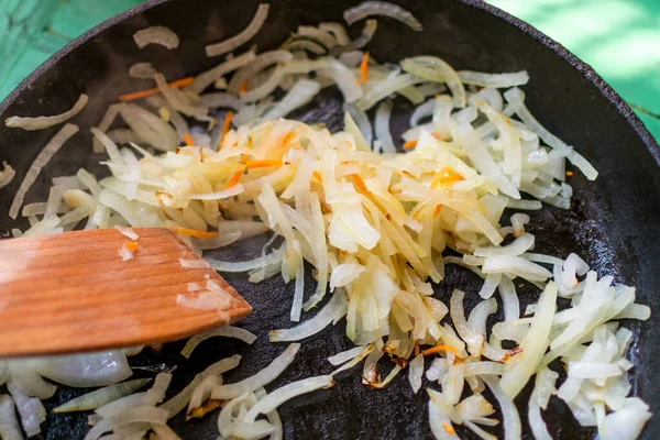 Fry Chopped Onions Carrots Frying Pan — Stok fotoğraf