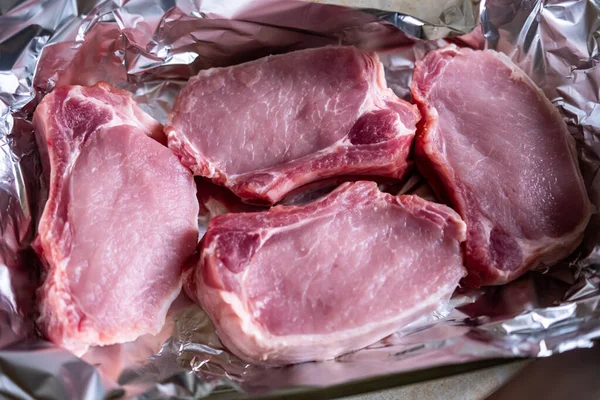 Raw Meat Steaks Foil Pig Meat Preparation Cooking Oven — Stock Fotó